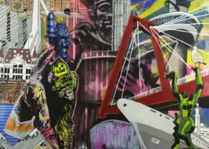 Een collage van Rotterdam in pop-art, street art en graffiti stijl