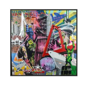 Rotterdamse collage in pop-art, street art en graffiti stijl canvas in baklijst