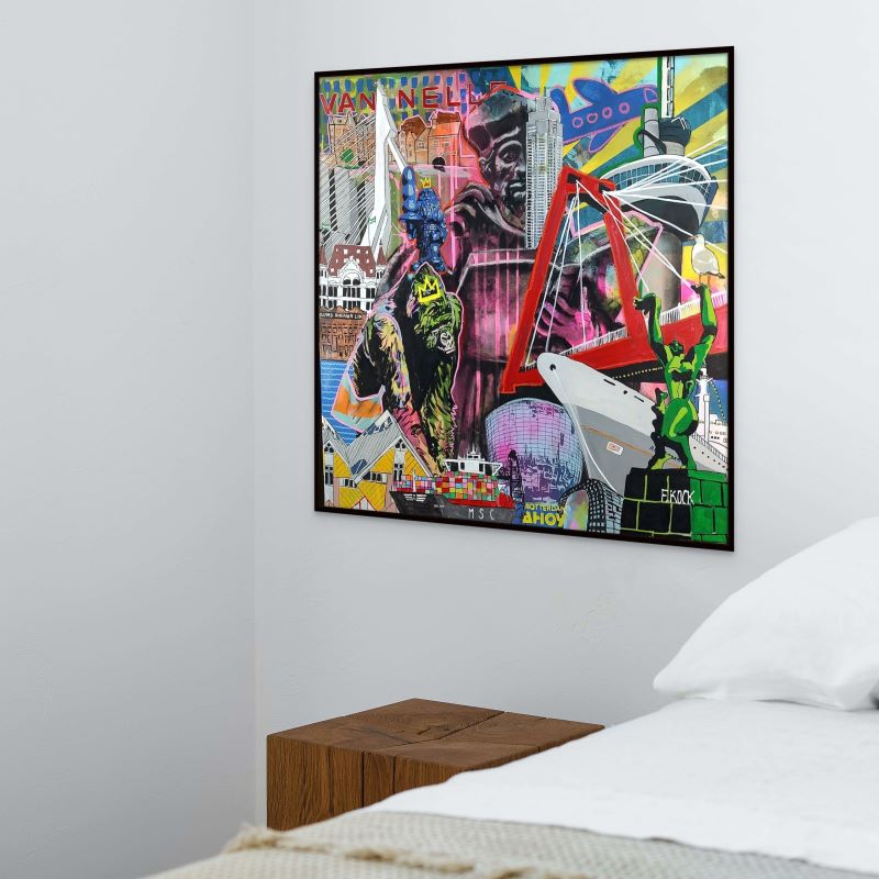 Rotterdamse collage in pop-art, street art en graffiti stijl canvas in slaapkamer