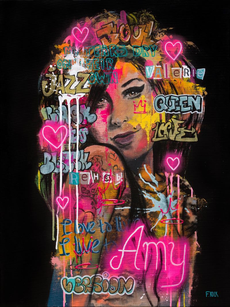 Amy Winehouse in neon pop-art, street art en graffiti stijl