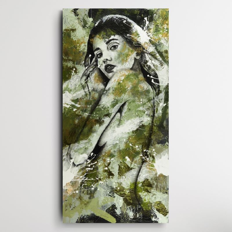 Gelimiteerde oplage reproductie van een expressief geschilderd naakt in groen en wit. Vastgelegd als hoogwaardige giclee fine art print op acrylglas.
