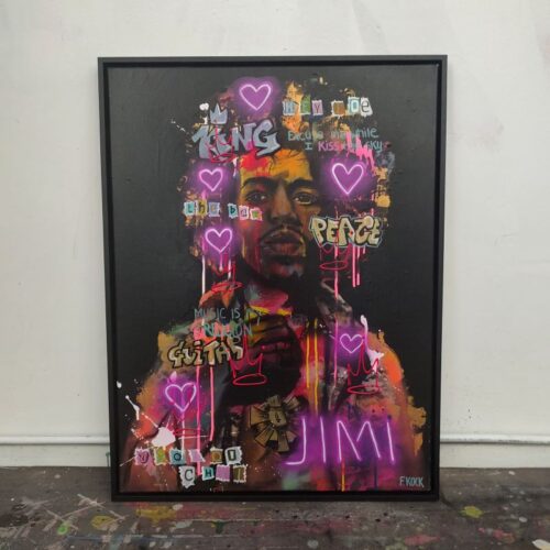 schilderij van Jimi Hendrix in neon pop-art, street art en graffiti stijl, op handbewerkt canvas. Club 27.