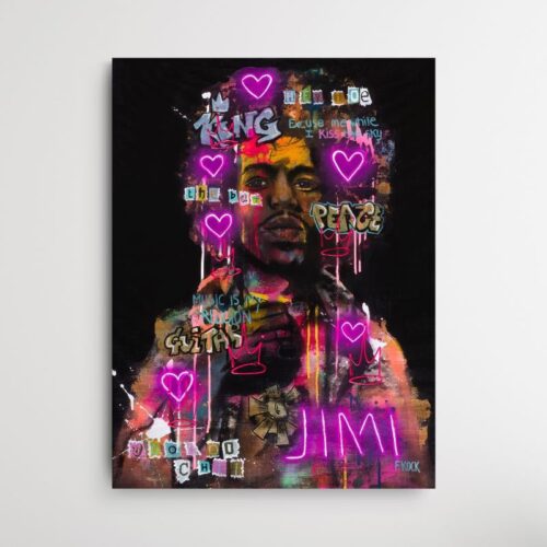 Jimi Hendrix in neon pop-art, street art en graffiti stijl, op acrylglas. Club 27.