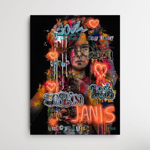 Janis Joplin in neon pop-art, street art en graffiti stijl acrylglas