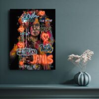 Janis Joplin op acrylglas Janis Joplin in neon pop-art, street art en graffiti stijl acrylglas