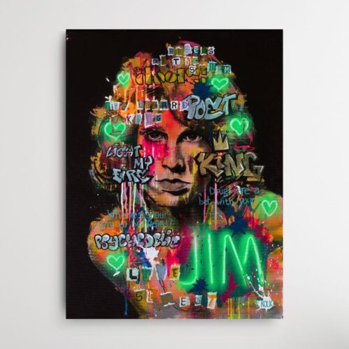 Jim Morrison in neon pop-art, street art en graffiti stijl, op acylglas. Club 27.