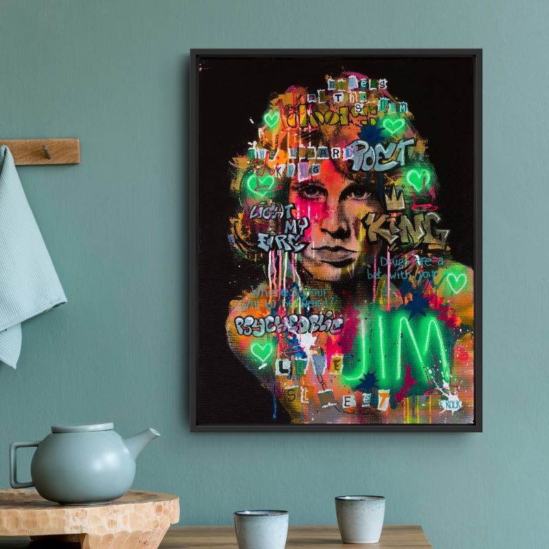Jim Morrison in neon pop-art, street art en graffiti stijl, op canvas. Club 27.