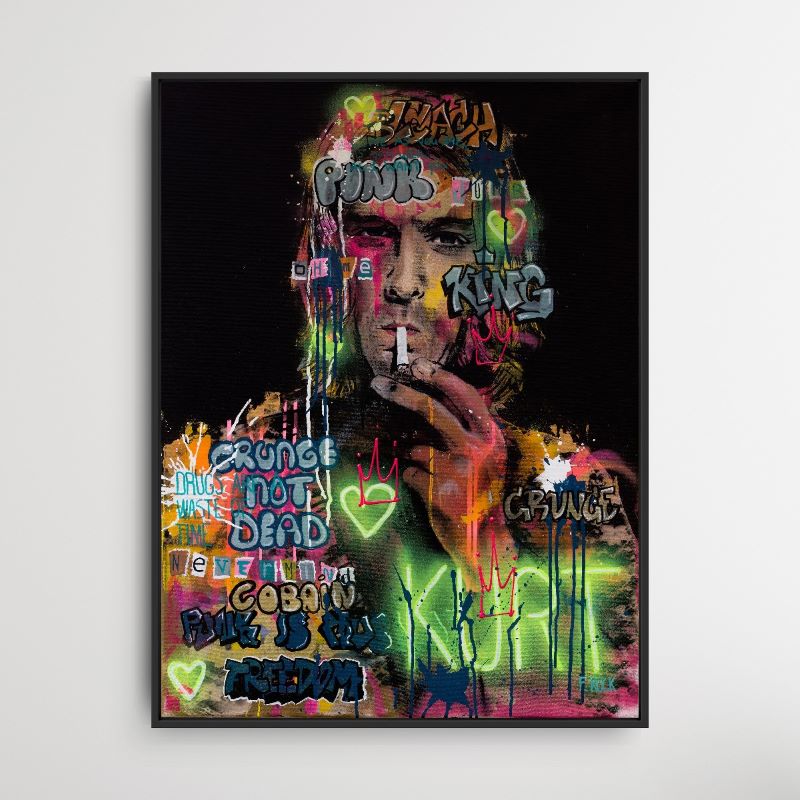 Kurt Cobain in neon pop-art, street art en graffiti stijl, op canvas. Club 27.