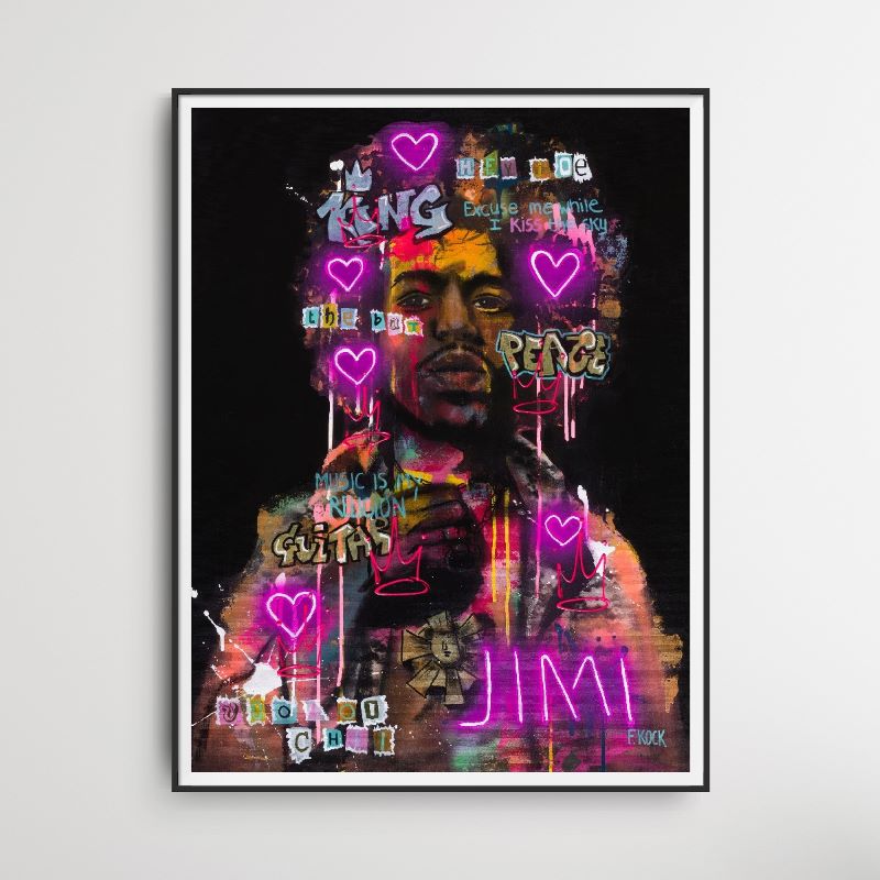 Jimi Hendrix in neon pop-art, street art en graffiti stijl, als fine art print. Club 27.