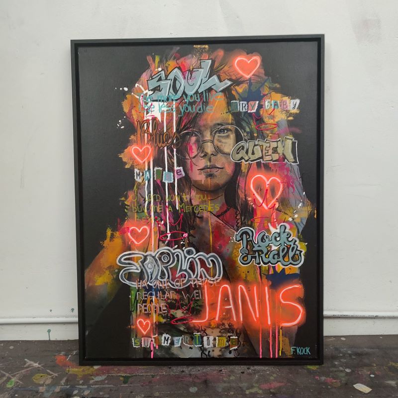 schilderij van Janis Joplin in neon pop-art, street art en graffiti stijl, op handbewerkt canvas. Club 27.