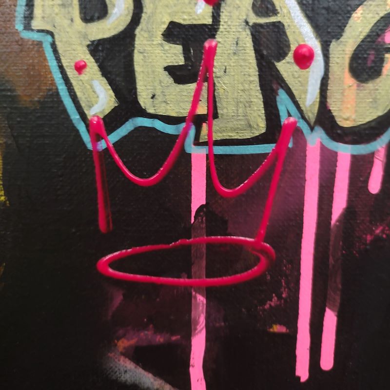Close up van Jimi Hendrix in neon pop-art, street art en graffiti stijl, op handbewerkt canvas. Club 27.