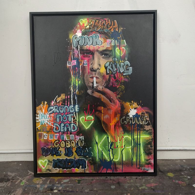 Schilderij van Kurt Cobain in neon pop-art, street art en graffiti stijl, op handbewerkt canvas. Club 27.