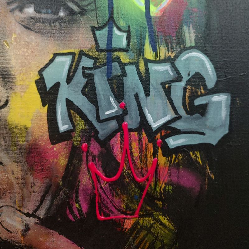 Close up van Kurt Cobain in neon pop-art, street art en graffiti stijl, op handbewerkt canvas. Club 27.