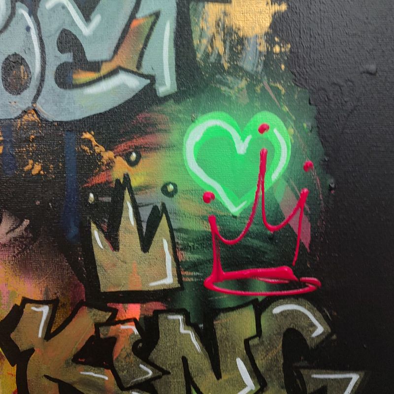 Close up van Jim Morrison in neon pop-art, street art en graffiti stijl, op handbewerkt canvas. Club 27.