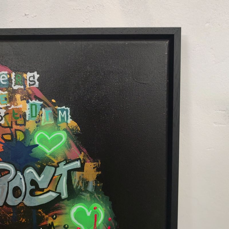 Close up van Jim Morrison in baklijst, neon pop-art, street art en graffiti stijl, op handbewerkt canvas. Club 27.