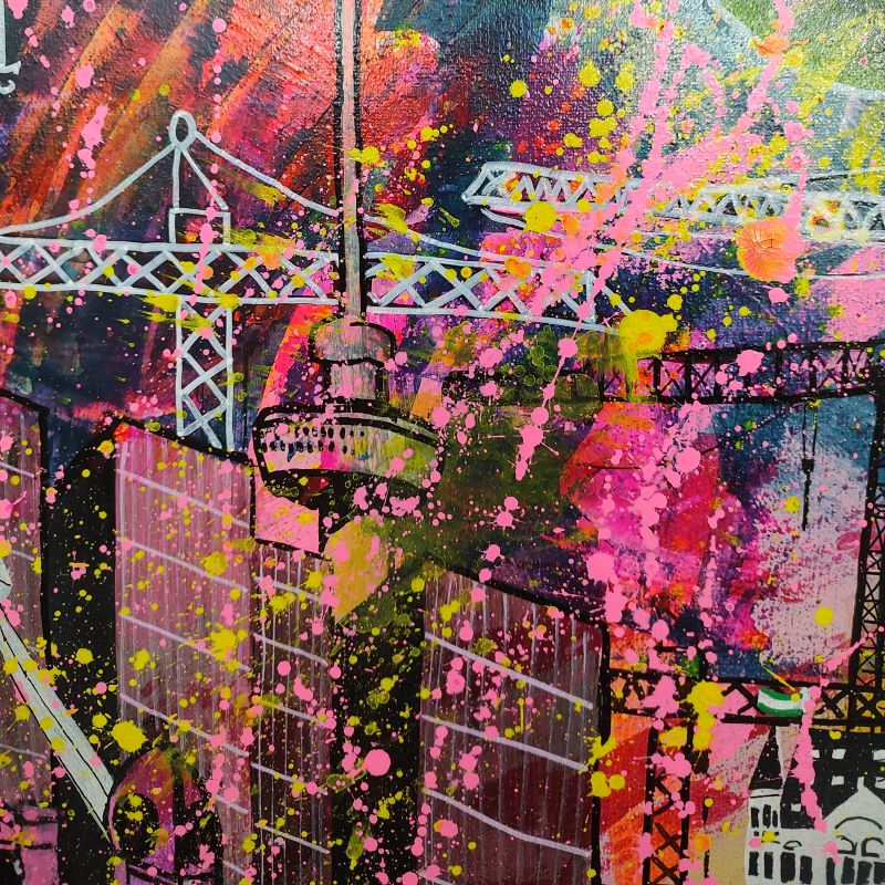 Close up van kleurrijk enexpressief schilderij van Rotterdam, als stad in bloei in graffiti popart streetart style, met hijskranen en meisje met een gieter.