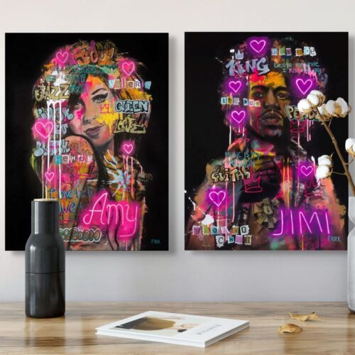 Jimi Hendrix in neon pop-art, street art en graffiti stijl, op acrylglas. Club 27.