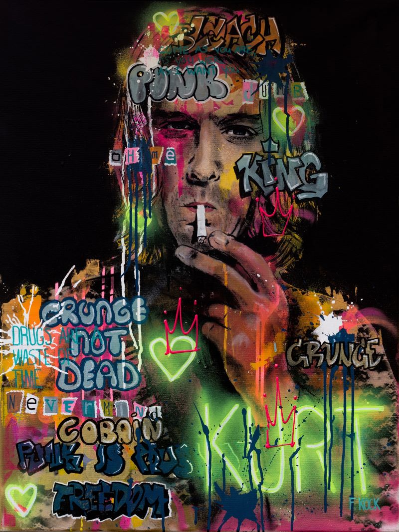 Kurt Cobain in neon pop-art, street art en graffiti stijl, op acrylglas. Club 27.