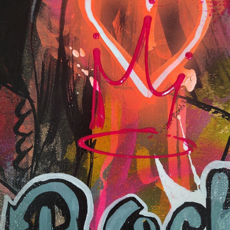 Close up van Janis Joplin in neon pop-art, street art en graffiti stijl, op handbewerkt canvas. Club 27.